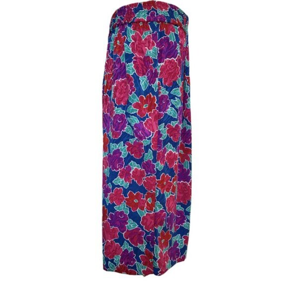 Vintage Floral Midi Skirt Size L Bright 80s Elastic Waist Pleated Front - Picture 5 of 6